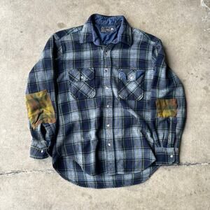 VINTAGE JCPENNEY BOARD SHIRT FLANNEL WOOL PATCHES LARGE BLUE